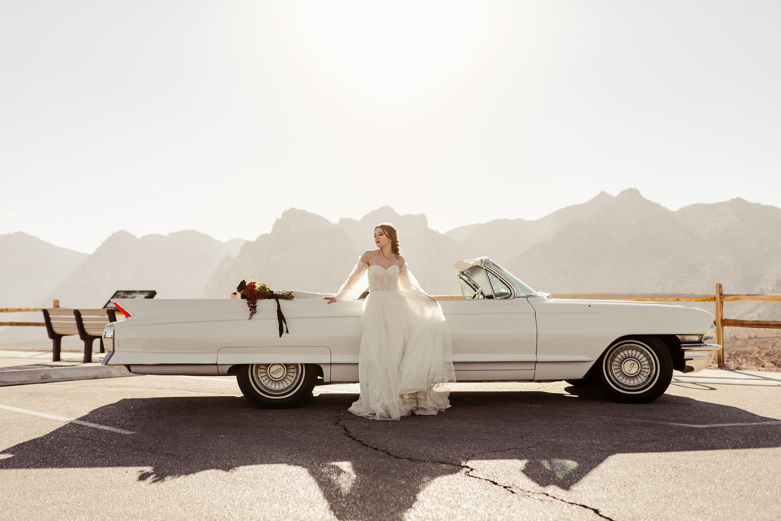 Bride with vintage white Cadillac at Red Rock Canyon